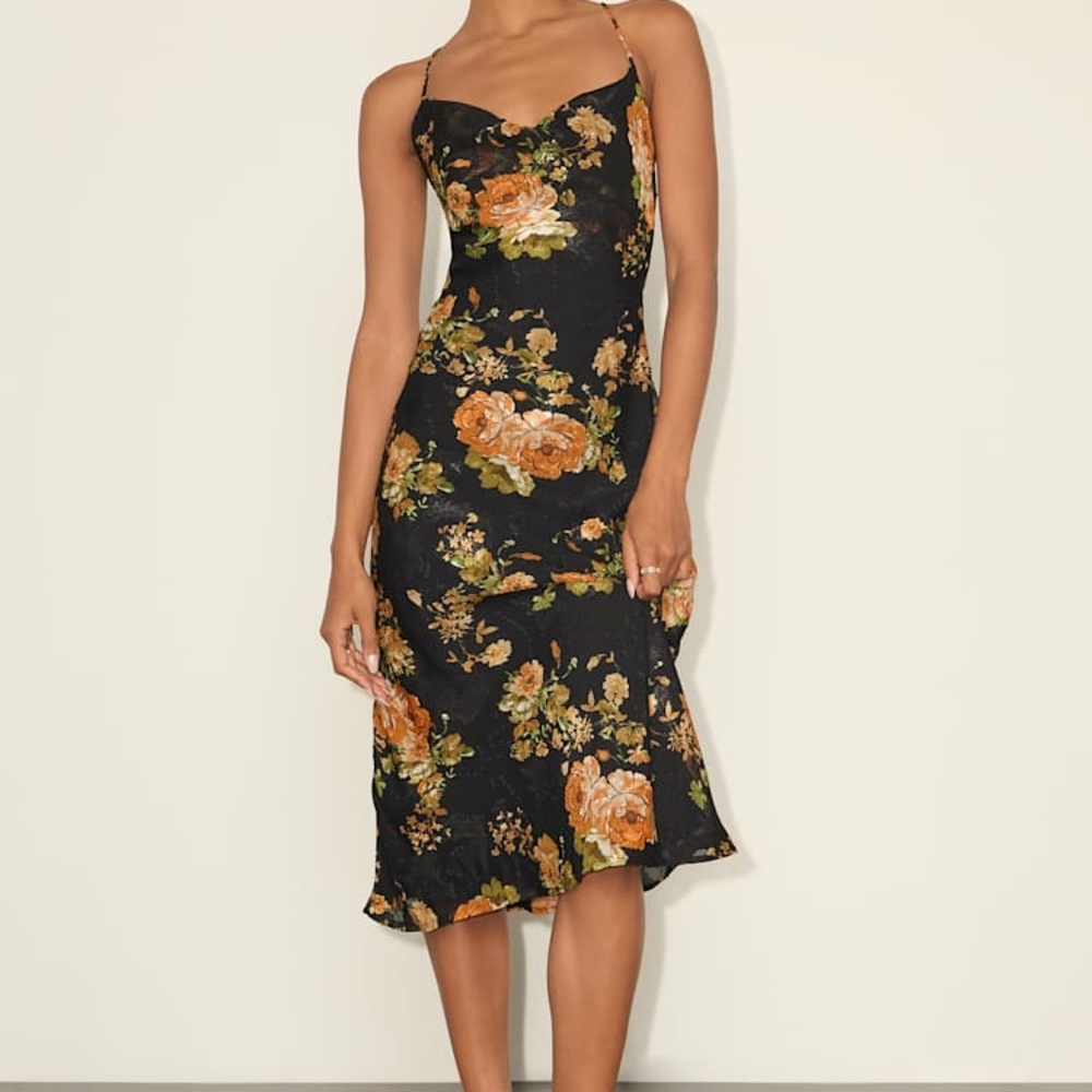 Lulu's Black and Orange Floral Midi Dress